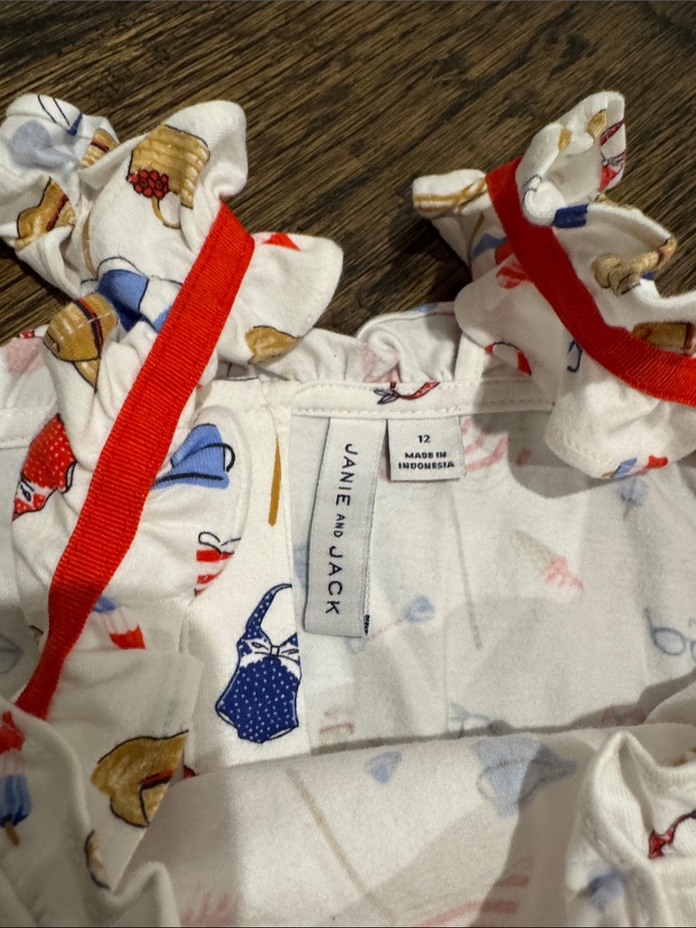 Girls Beach Print Ruffled Strap Romper - white, Red & Blue - Picture 2 of 4
